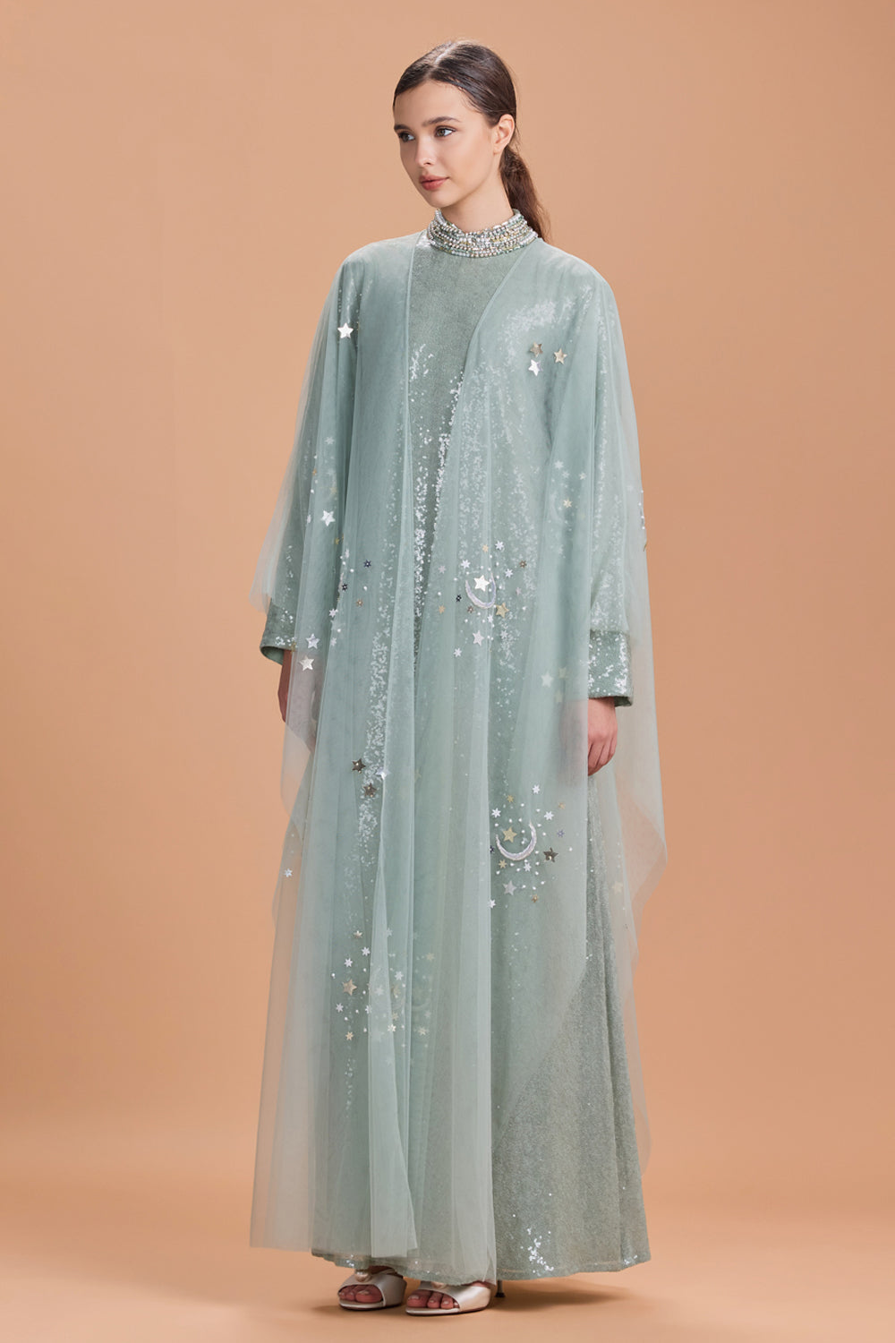 Serein Sequin Kaftan With Tulle Cape