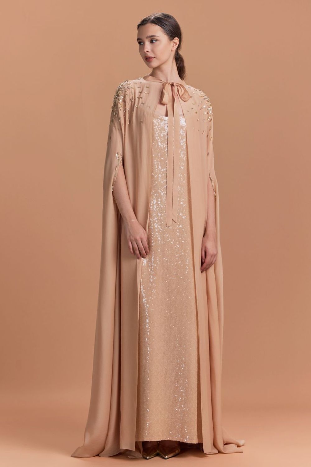 Aureline Shimmer Gown With Embroidered Cape