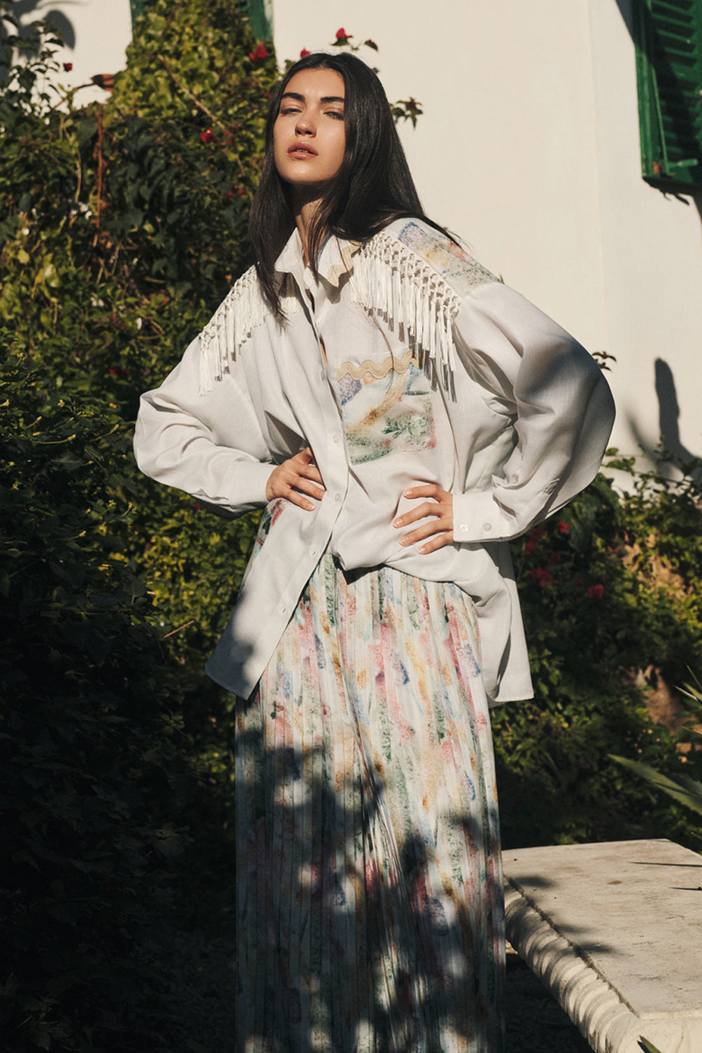 White & Watercolour Print Top & Pant Set
