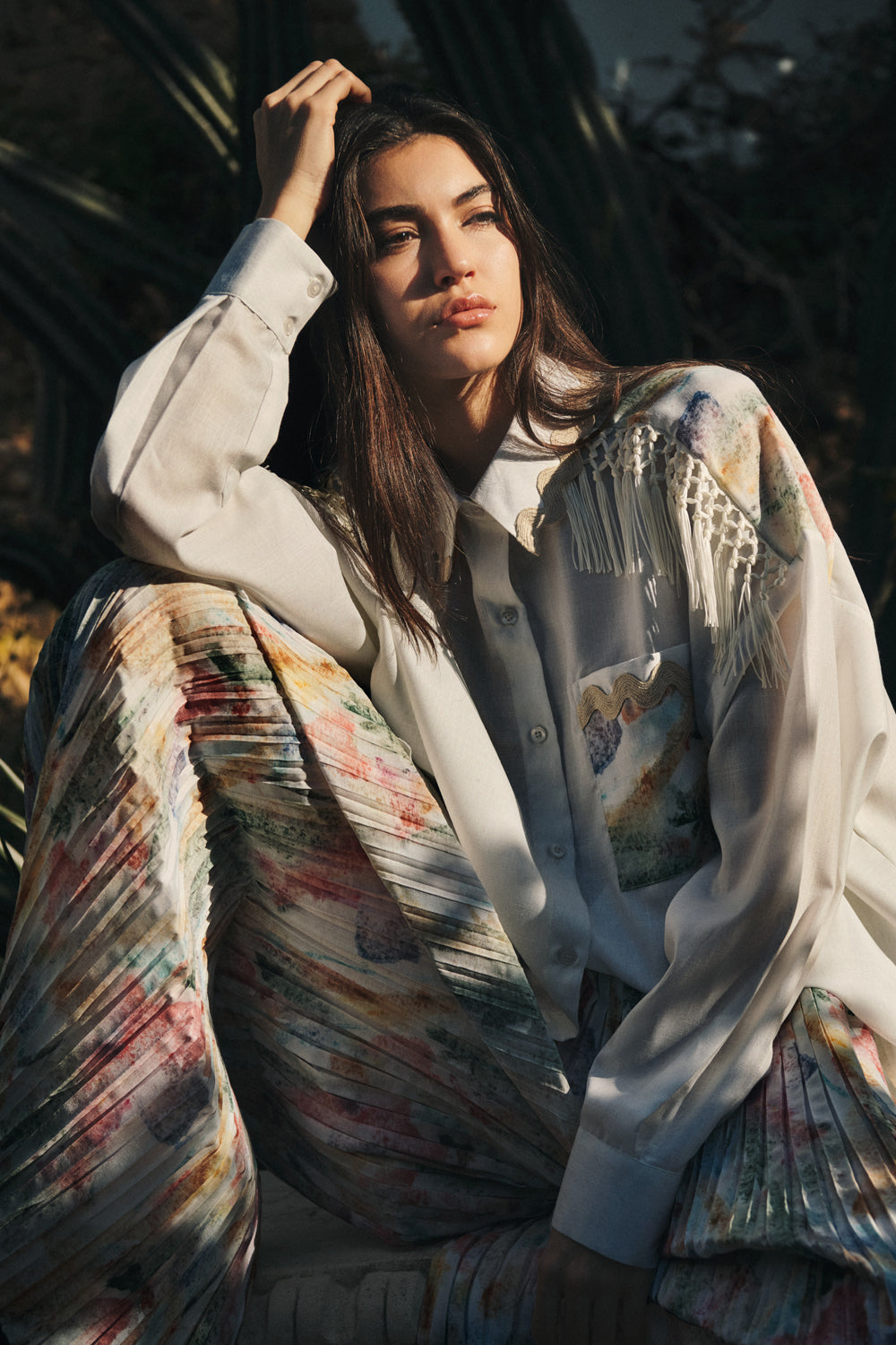 White & Watercolour Print Top & Pant Set