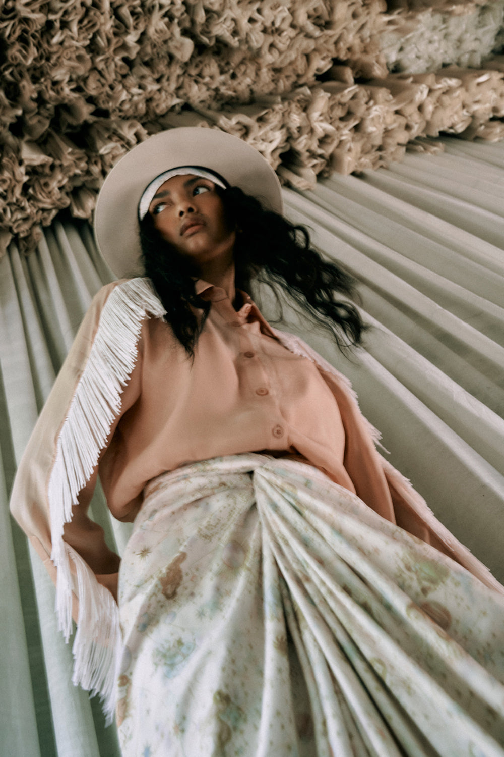 Deep Peach & Zodiac Print Top & Skirt Set