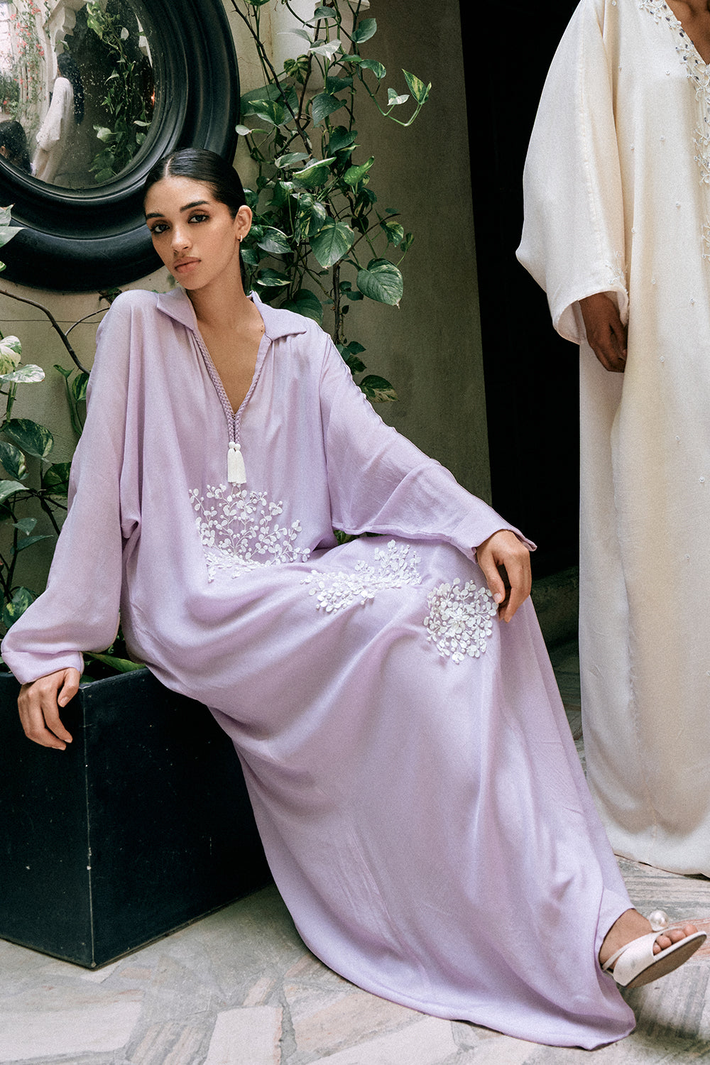 Perle Collared Kaftan-Style Dress With Cascading Motif Embellishments