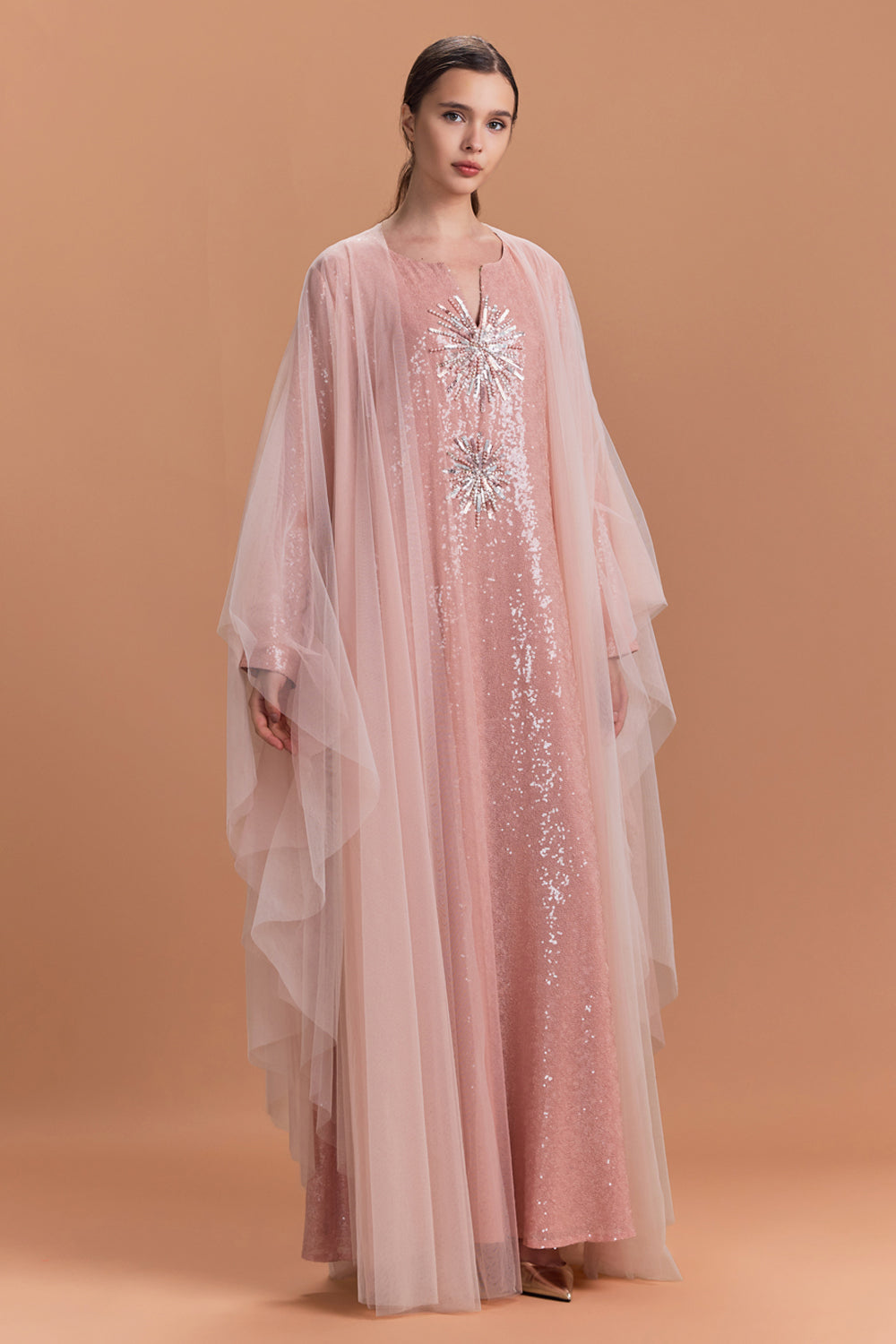 Safina Sequin Kaftan With Tulle Cape